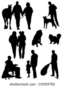 Collection of silhouettes of people with animals and married couples