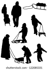 Collection of silhouettes of people and children with a sledge