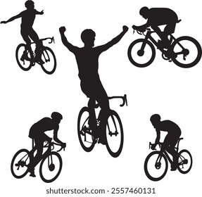 collection of silhouettes of people cycling in different positions. bike, cycle, cyclist, ride, vector, bicycle, man, icon, people, illustration, woman, girl, boy, mountain cyclist vector icon. 