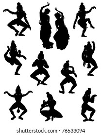 A collection of silhouettes of people in Indian dance poses