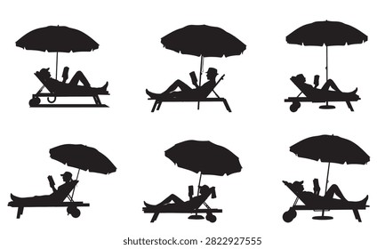 Collection of silhouettes of people lying on sun loungers and reading books under beach umbrellas, isolated on white background.