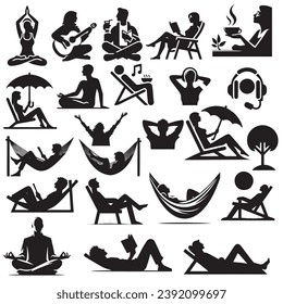 Collection of silhouettes of people relaxing. Set of black isolated vector silhouettes icons on white background. Meditation, Playing guitar, Hammock, Reading, Music,  Coffee, Headphones.