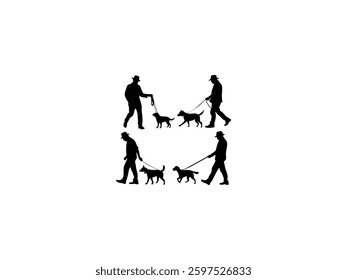 A collection of silhouettes of people walking dogs on leashes, black and white silhouettes of people walking dogs.