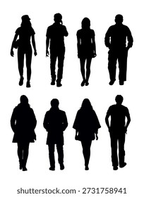 Collection of silhouettes of people walking in front view vector illustration