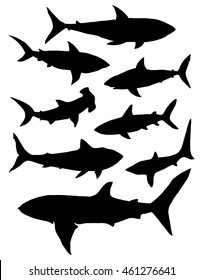 Collection of silhouettes of predatory fish. Set. Sharks. Marine predators. Circuit. Tattoo.