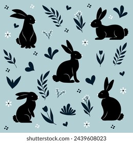 Collection of silhouettes of rabbits with flowers. Vector illustration.