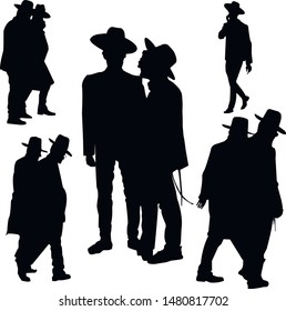 A collection of silhouettes of religious Jewish men. Religious Jews in a traditional costume. Hasid with sidelocks in a long frock coat and hat. Isolated vector illustration. Black on white.