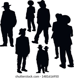 A collection of silhouettes of religious Jews in various poses. A Jew in a traditional costume looks forward. Hasid in and hat. Isolated vector illustration Black on white.