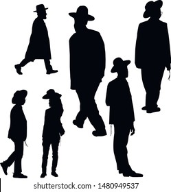 The collection of silhouettes of religious Jews. Walking in Jerusalem. Jew in a traditional costume. Hasid with sidelocks in a long frock coat and hat. Isolated vector illustration. Black on white.