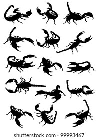 A collection of silhouettes of scorpions