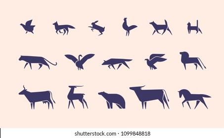 Collection of silhouettes or shapes of wild and domestic animals and birds isolated on light background, side view. Modern monochrome vector illustration for logotype in trendy geometric style