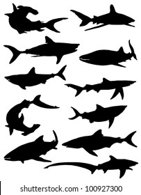 Collection of silhouettes of sharks