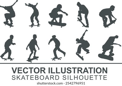 Collection of silhouettes of skateboarders jumping and dancing in the air with their skate boards. Suitable for extreme sports elements and skateboard tournaments