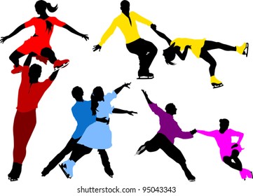 collection of silhouettes of skaters in colorful dresses (illustration);