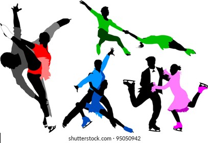 collection of silhouettes of skaters in colorful dresses (illustration);