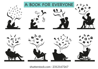 Collection of silhouettes from small to old reading a book. The book is accessible to everyone. Vector illustration. ESP 10.