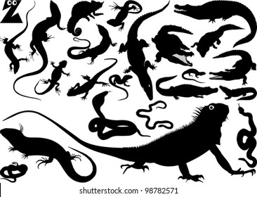 Collection of silhouettes of snakes; crocodiles and lizards (vector illustration);