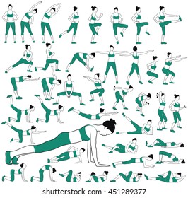 Collection of silhouettes of sportive woman doing fitness training in different positions. Slim girl in blue pants and t-shirt sport icons.