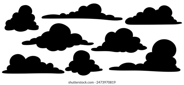 Colección de siluetas y sellos de nubes. Vector gráfico.