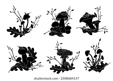 Collection of silhouettes, stamps of forest mushrooms with autumn oak leaves, dry branches. Vector graphics.