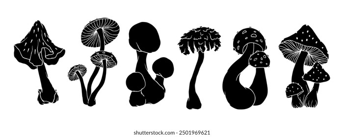 Collection of silhouettes, stamps of forest toadstools, fly agarics. Ornamental plants. Vector graphics.