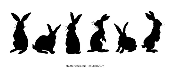 Collection of silhouettes, stamps of a hare, rabbit. Vector graphics.