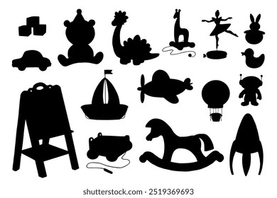 A collection of silhouettes, stamps of various children's toys, items for development and games. Vector graphics.