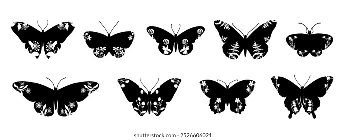 Collection of silhouettes, stamps of winged insect butterflies with botanical patterns on wings. Vector graphics.