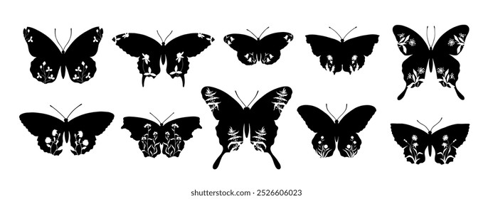 Collection of silhouettes, stamps of winged insect butterflies with botanical patterns on wings. Vector graphics.