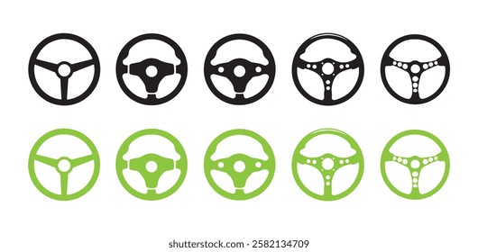 Collection of silhouettes steering wheel icon on white background