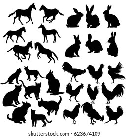Collection of silhouettes, such as rooster, hen, rabbit, cat, set of vector icons.