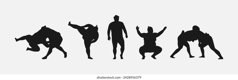 collection of silhouettes sumo wrestling with different pose, gesture. isolated on white background. vector illustration.