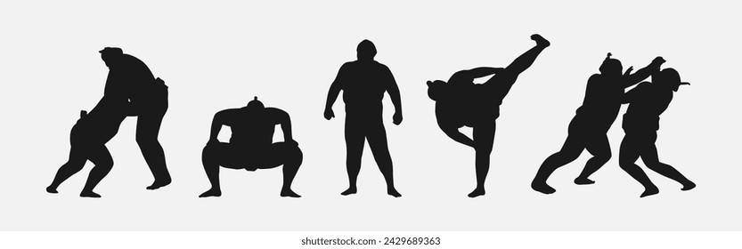 collection of silhouettes sumo wrestling with different pose, gesture. isolated on white background. vector illustration.