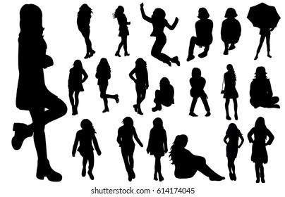 A collection of silhouettes of a teenager girl stands and sits a vector