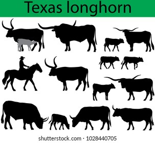 Collection of silhouettes of texas longhorn cattle breed