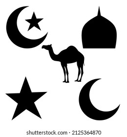 una colección de siluetas con el tema de ramadán. luna, estrella, camello, cúpula y estrella lunar.