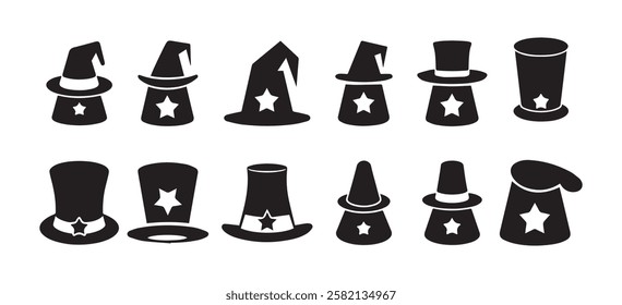 Collection of silhouettes top hat icon on white background