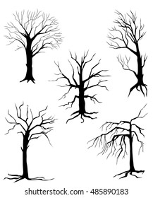 collection of silhouettes of trees, isolated on white background