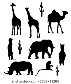 Collection silhouettes of tropical wild African animals. Vector illustration. Isolated hand drawings rhinoceros, giraffe, meerkat, camel, monkey, elephant, llama on white background for design