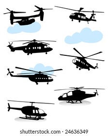 Collection of silhouettes of various helicopter