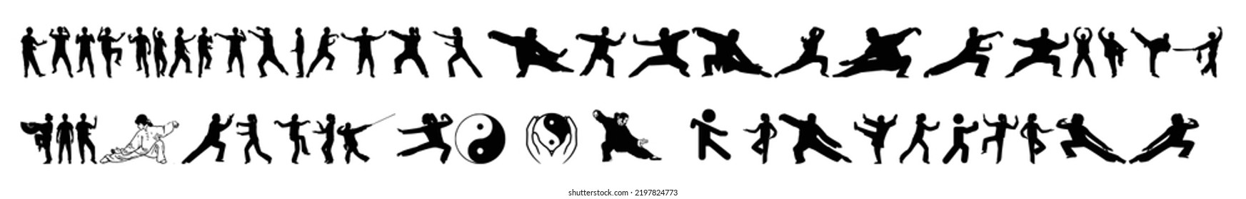 A collection of silhouettes of various kinds of taichi movements on a white background