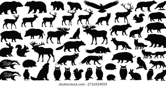 Collection of Silhouettes of Various Wild Animals and Birds in Different Poses