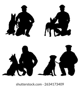 Collection of silhouettes of vector illustrations of Police with dogs in squatting pose
