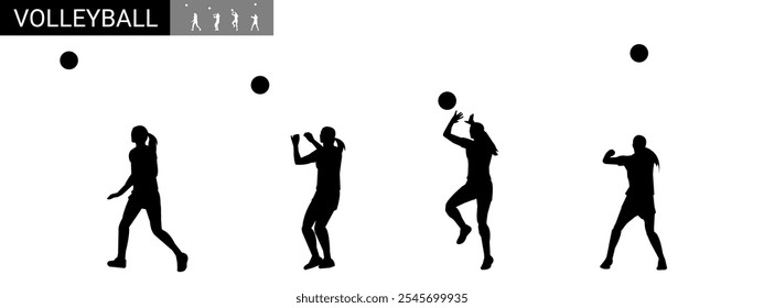 Collection of silhouettes of volleyball athletes with different poses, gestures and movements. vector illustration. isolated on white background.