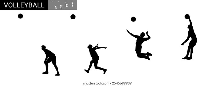 Collection of silhouettes of volleyball athletes with different poses, gestures and movements. vector illustration. isolated on white background.