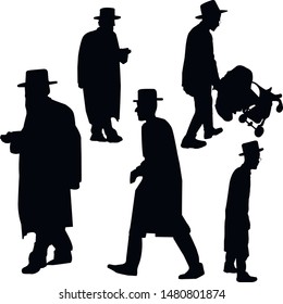 A collection of silhouettes of walking Jews. Jews in a hat. Religious Jews in a traditional costume. Hasid with sidelocks in a long frock coat. Isolated vector illustration. Black on white.