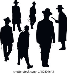 A collection of silhouettes of walking religious Jews. Jews in a hat. Religious Jews in a traditional costume. Hasid with sidelocks in a long frock coat. Isolated vector illustration. Black on white.