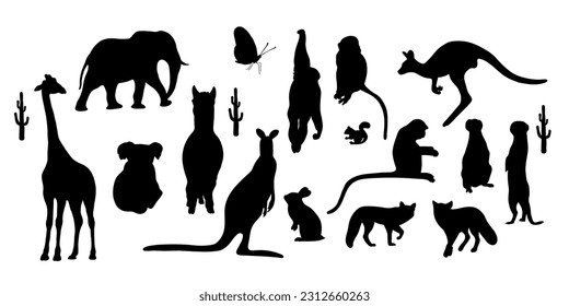 Collection silhouettes wild animals. Vector illustration. Isolated hand drawings tropical African elephant and giraffe, meerkat, monkey, llama and kangaroo on white background for design