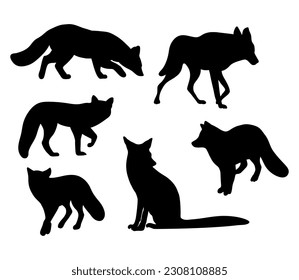 Collection silhouettes wild forest animals fox and wolf. Vector illustration. Isolated hand drawings predators on white background for design