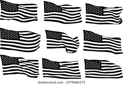 Collection of silhouettes in the wind, waving USA flag, A set of silhouette American flag vector, American Flag Silhouette